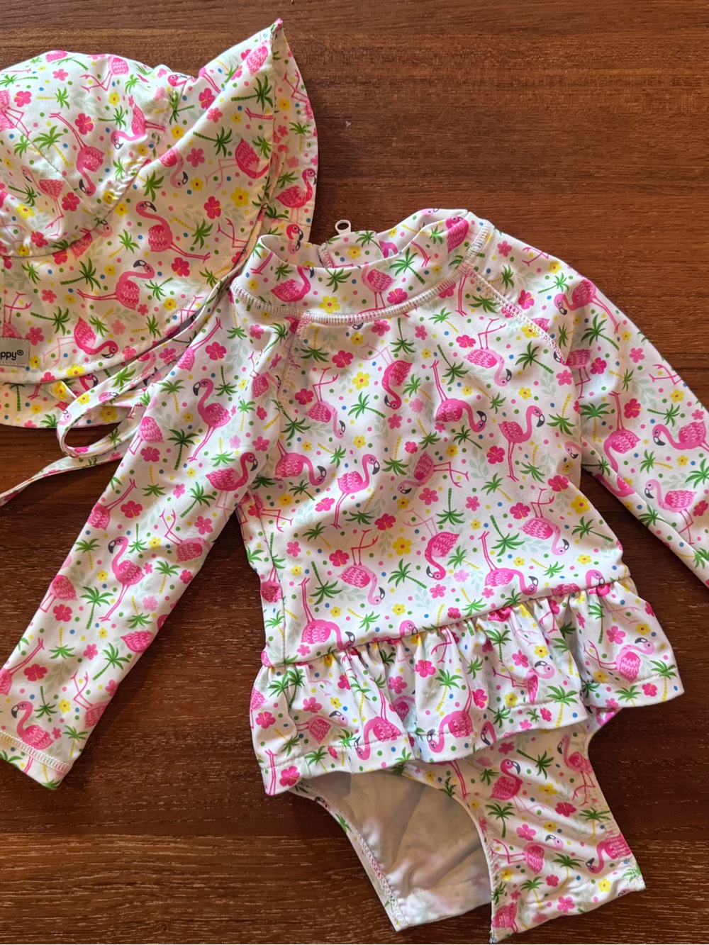 Flap Happy Pink Flamingo and Green Palm Print Girls Swim Set 12 month